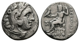 Kings of Macedon, Alexander III 'the Great'. AR, Drachm. 3.75 g. - 17.36 mm. 336-323 BC. Kolophon.
Obv: Head of Herakles right, wearing lion skin.
R...
