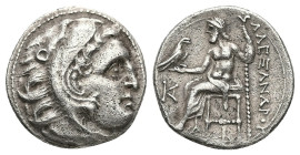 Kings of Macedon, Kolophon. Alexander III "the Great". AR Drachm, 4.30 g 18.37 mm
 336-323 BC.
Obv: Head of Herakles to right, wearing lion skin. 
Rev...