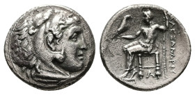 Kings of Macedon, Alexander III 'the Great'. AR Drachm, 3.57 g 17.50 mm. 336-323 BC. Side.
Obv: Head of Herakles right, wearing lion skin.
Rev: AΛEΞAN...