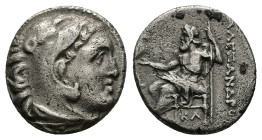 Kings of Macedon. Alexander III 'the Great'. AR Drachm. 3.87 g 17.17 mm. 336-323 BC. Mylasa.
Obv: Head of Herakles right, wearing lion skin.
Rev: AΛEΞ...