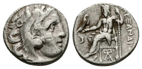 Kings of Macedon, Alexander III 'the Great'. AR Drachm, 3.95 g 16.69 mm. 336-323 BC. Kolophon.
Obv: Head of Herakles right, wearing lion skin.
Rev: AΛ...