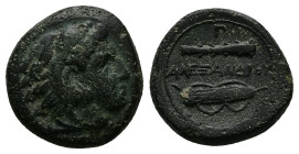 Kings of Macedon, Alexander III 'the Great'. Ae, 7.25 g 18.21 mm. 336-323 BC. Uncertain mint in Macedon.
Obv: Head of Herakles right, wearing lion ski...