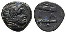 Kings of Macedon, Alexander III 'the Great'. Ae, 5.97 g 17.18 mm. 336-323 BC. Uncertain Macedonian mint.
Obv: Head of Herakles right, wearing lion ski...