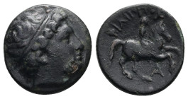 Kings of Macedon, Philip II. AE, 5.19 g 19.03 mm. 359-336 BC. Uncertain mint.
Obv: Diademed head of Apollo right.
Rev: ΦIΛIΠΠOY,Horseman right. A belo...