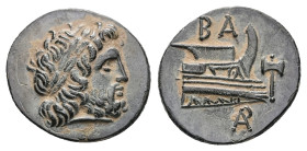 Kings of Macedon, Demetrios I Poliorketes. Ae Half Unit, 2.47 g 17.06 mm. 306-283 BC. Uncertain mint.
Obv:Laureate head of Poseidon right
Rev: Prow ...