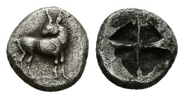 Thraco-Macedonian Region. Uncertain. AR Diobol. 1.29 g. 9.78 mm. 500-480 BC.
Obv: Bull standing left, head right.
Rev: Incuse sqaure punch.
Ref: AMNG ...