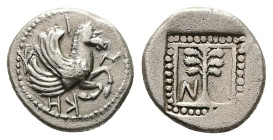 Troas, Skepsis. AR Hemidrachm, 1.90 g 13.02 mm. 5th century BC.
Obv: Σ KH ΨI , Forepart of Pegasos right.
Rev: N and N? (retrograde), Palm tree within...