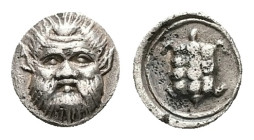 Lesbos, Methymna. AR Hemiobol. 0.33 g 6.96 mm. Circa 350/30-250/40 BC.
Obv: Facing head of Silenos.
Rev: Land turtle within circular border.
Ref: T...