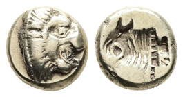 Lesbos, Mytilene. EL Hekte. 2.54 g 10.55 mm. Circa 521-478 BC. 
Obv: Head of roaring lion right.
Rev: Incuse head of calf left.
Ref: Bodenstedt 12; HG...