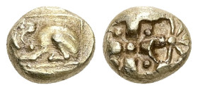 Ionia, Miletos. EL Hekte, 2.31 g 10.07 mm. Circa 600-546 BC.
Obv: Lion reclining left, head reverted, within rectangular frame
Rev: Two square punch...