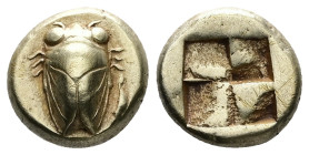 Ionia, Phokaia. EL Hekte, 2.55 g 11.07 mm. 4th century BC.
Obv: Cicada; seal to right.
Rev: Quadripartite incuse square.
Ref: Bodenstedt 55. Gemini...