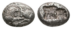 Kings of Lydia, Sardes. Kroisos, AR 1/6 Stater, 1.66 g 10.94 mm. Circa 564/53-550/39 BC. 
Obv: Confronted foreparts of lion and bull.
Rev: Two incuse ...