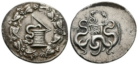 Lydia, Tralleis. AR Cistophoric Tetradrachm, 12.24 g 31.38 mm. Circa 2nd - 1st century BC.
Obv: Serpent emerging from Cista Mystica with meander patte...