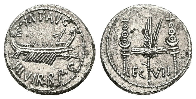 Mark Antony, 31-32 BC. AR, Denarius. 3.52 g. 16.61 mm. Uncertain mint. Patrae?  ...
