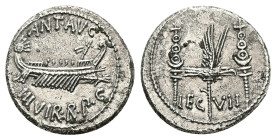 Mark Antony, 31-32 BC. AR, Denarius. 3.52 g. 16.61 mm. Uncertain mint. Patrae?  Obv: ANT·AVG III·VIR·R·P·C. Ship, right, with sceptre tied with fillet...