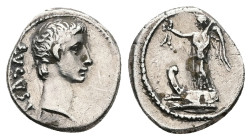 Augustus, 27 BC-14 AD. AR, Quinarius. 1.83 g. 14.93 mm. Pergamum.
Obv: AVGVST[VS]. Head of Augustus, bare, right.
Rev: Victory standing left on prow...