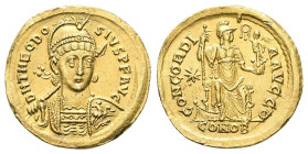 Theodosius II, 402-450 AD. AV, Solidus. 4.37 g. 20.71 mm. Constantinople.
Obv: D N THEODOSIVS P F AVG. Bust of Theodosius II, helmeted, pearl-diademed...