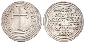 Theophilus, 829-842 AD. AR, Miliaresion. 3.22 g. 26.55 mm. Constantinople.
Obv: IҺSЧSXPIS-TЧSҺICA. Cross potent on three steps
Rev: + ΘЄOFI – LOSδЧL...