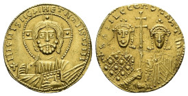 Basil II Bulgaroktonos, Constantine VII, 976-1025 AD. AV, Histamenon Nomisma. 4.33 g. 21.39 mm. Constantinople.
Obv: Bust of Christ facing with nimbu...