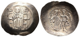 Isaac II Angelus 1185-1195 AD. EL, Aspron Trachy. 4.36 g. 30.64 mm. Constantinople.
Obv: MP ΘV to left and right of Virgin Mary. Nimbate, seated facin...