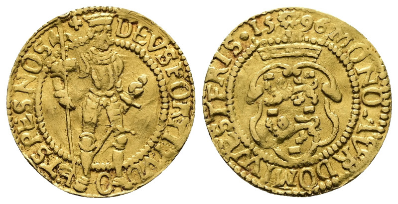 Low Countries. West-Friesland. 1592. Gold, Ducat. 3.49 g. 21.96 mm.
Obv: DEVS FO...