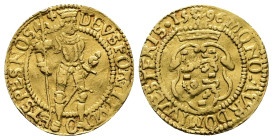 Low Countries. West-Friesland. 1592. Gold, Ducat. 3.49 g. 21.96 mm.
Obv: DEVS FORTITVDO ET SPES NOS. Knight standing facing, holding axe and sceptre.
...