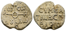 PB Byzantine seal of Symbatios imperial spatharios (9th century AD)
Obv: Cruciform invocative monogram (type V): Θεοτόκε βοήθει; in the quarters: τῷ ...