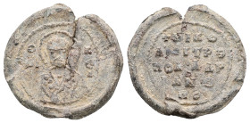 PB Byzantine seal of Nicholas metropolitan of Adrianoupolis (Thrace) (second half of 10th century AD)
Obv: Bust of St Nicholas holding the Gospel and...