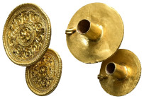 Asia Minor. Hellenistic. The Front and Back Disks of a Gold Ear Stud. Circa 330 BC- 300 BC. The decorated field of the discs bear concentric bands of ...