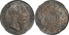 MEXICO. Peso, 1866-Mo. Mexico City Mint. Maximilian I. NGC AU-58.
KM-388.1. Deep colorfully toned surfaces backlit by lovely luster attest to this co...