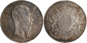 MEXICO. Peso, 1866-Mo. Mexico City Mint. Maximilian I. PCGS AU-53.
KM-388.1. A well-struck Peso with insignificant contact marks and mild wear upon t...