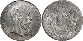 MEXICO. Peso, 1867-Mo. Mexico City Mint. Maximilian I. NGC AU-58.
KM-388.1. Cartwheeling luster is the first thing to greet the observer of this near...