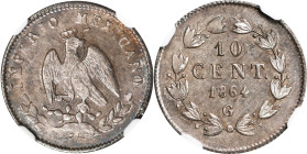 MEXICO. 10 Centavos, 1864-G. Maximilian I. NGC MS-64.
KM-386.1. More desirable mint mark. In late April of 1864, Maximilian stepped down from his pos...
