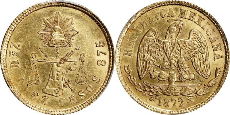 MEXICO. 10 Pesos, 1872-Zs H. Zacatecas Mint. PCGS MS-62.
Fr-138; KM-413.9. Tied...