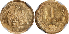 MEXICO. Gold Peso, 1886/4-CN M. Culiacan Mint. NGC UNC Details - Rev Scratched.
Fr-160; KM-410.2. From a mintage of only 277 pieces. Well struck and ...
