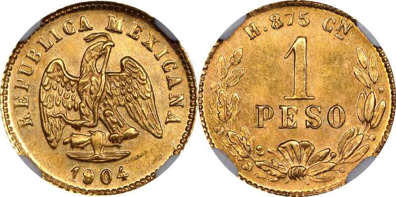 MEXICO. Gold Peso, 1904-Cn H. Culiacan Mint. NGC MS-65.
Fr-160; KM-410.2. AGW: ...