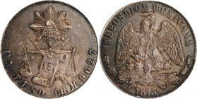 MEXICO. Peso, 1873-CH M. Chihuahua Mint. PCGS AU-53.
KM-408. Quite attractive, this wholesome specimen delivers enticing original mint luster and cha...