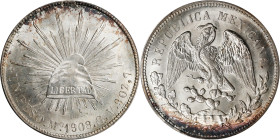 MEXICO. Peso, 1908-Mo GV. Mexico City Mint. PCGS MS-64.
KM-409.2. A lustrous specimen with dark blue and russet peripheral toning.

Estimate: $300....