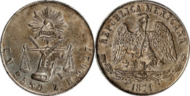 MEXICO. Peso, 1871-Zs H. Zacatecas Mint. PCGS AU-58.
KM-408.8. A charming Peso that offers lustrous brilliance on its expansive fields, moderated by ...