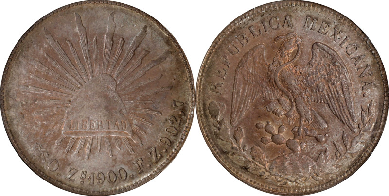 MEXICO. Peso, 1901-Zs FZ. Zacatecas Mint. NGC MS-63.
KM-409.3. Pearlescent oran...