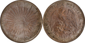 MEXICO. Peso, 1901-Zs FZ. Zacatecas Mint. NGC MS-63.
KM-409.3. Pearlescent orange and dusty violet tone thinly veils brazen underlying luster. Somewh...