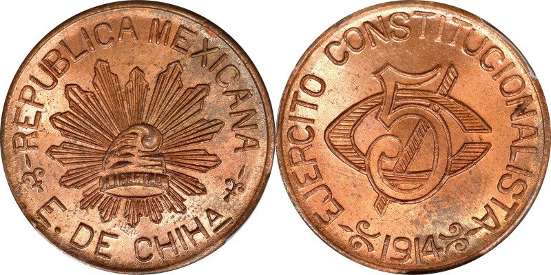 MEXICO. Chihuahua. 5 Centavos, 1914. PCGS MS-65 Red Brown.
KM-613. Tied for the...