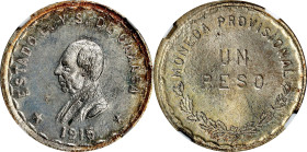 MEXICO. Oaxaca. Peso, 1915. NGC MS-64.
KM-740.1. Without TM initials on bust. Delivering a near-Gem appeal, this most wholesome piece offers sharp de...