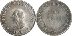 MEXICO. Oaxaca. Peso, 1915. PCGS MS-63.
KM-740.1. Featuring an unfinished bust, this Choice specimen nevertheless delivers greatly with respect to br...