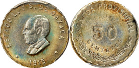 MEXICO. Oaxaca. 50 Centavos, 1915. PCGS MS-63.
KM-735. An truly attractive Choice example of the type with soft gray patina and some blue toning that...