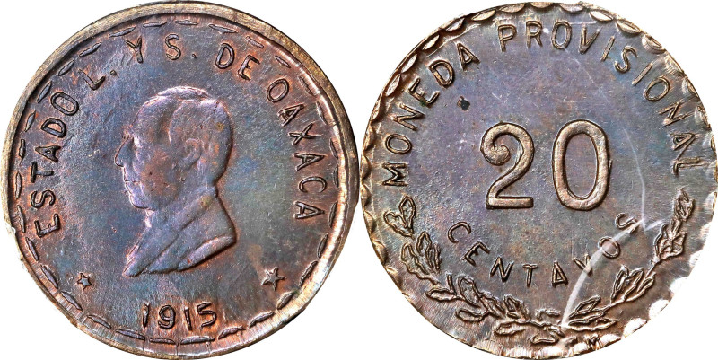 MEXICO. Oaxaca. 20 Centavos, 1915. PCGS MS-64 Brown.
KM-732. An allusive near-G...