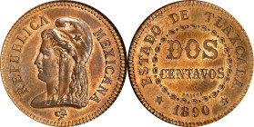 MEXICO. Tlaxcala. Fantasy Bronze 2 Centavos, 1890. PCGS MS-63 Red Brown.
KMX-NC19. A quite intriguing later fantasy issue, this piece delivers a whol...