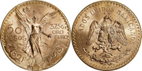 MEXICO. 50 Pesos, 1925. Mexico City Mint. PCGS MS-64+.
Fr-172; KM-481. Bathed in a blend of yellow-gold patina and billowy satin luster, the surfaces...