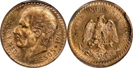 MEXICO. 2-1/2 Pesos, 1945-Mo. Mexico City Mint. PCGS MS-66.
Fr-169R; KM-463. AGW: 0.0603 oz. A very well-preserved example of this popular issue feat...