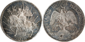 MEXICO. Peso, 1911. Mexico City Mint. PCGS AU-50.
KM-453. Caballito type; long ray variety. Silvery-gray design elements leap from the surface in con...